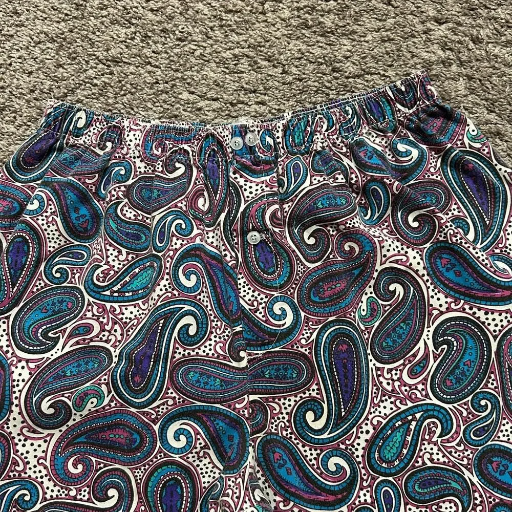 Vintage 80s Paisley Pants Elastic Waist Baggy Wide Leg Unisex Cotton 32-34